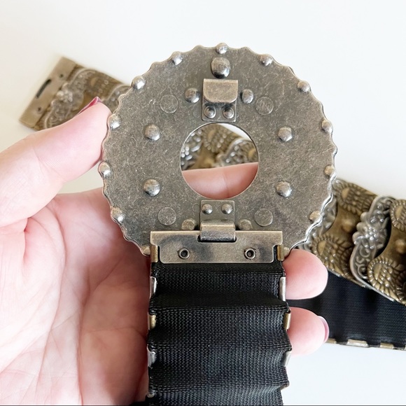 Antique Silver Bronze Metal Beaded Rhinestone Buckle Elastic Band Belt 31 - Picture 7 of 14